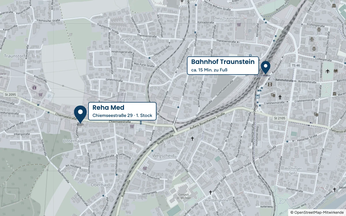 Karte: Anfahrt zu Reha Med, Chiemseestraße 29 in Traunstein, etwa 15 Minuten zu Fuß vom Bahnhof Traunstein